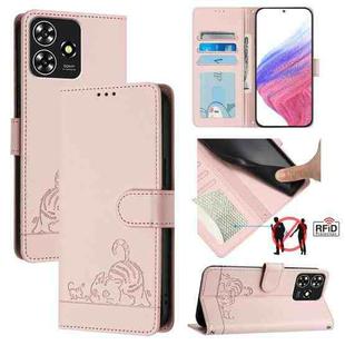 For ZTE Blade A73 4G Cat Rat Embossed Pattern RFID Leather Phone Case with Lanyard(Pink)