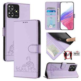 For ZTE Blade A73 4G Cat Rat Embossed Pattern RFID Leather Phone Case with Lanyard(Purple)