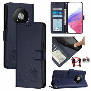 For ZTE Blade A73 5G Cat Rat Embossed Pattern RFID Leather Phone Case with Lanyard(Blue)