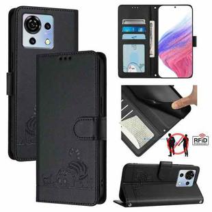 For ZTE Blade V50 Vita Cat Rat Embossed Pattern RFID Leather Phone Case with Lanyard(Black)