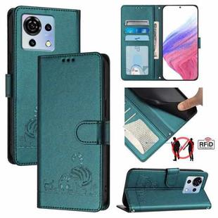 For ZTE Blade V50 Vita Cat Rat Embossed Pattern RFID Leather Phone Case with Lanyard(Peacock Green)