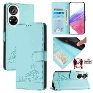 For ZTE Blade V40s Cat Rat Embossed Pattern RFID Leather Phone Case with Lanyard(Mint Green)