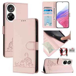 For ZTE Blade V40s Cat Rat Embossed Pattern RFID Leather Phone Case with Lanyard(Pink)