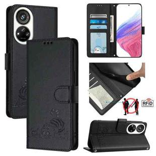 For ZTE Blade V40s Cat Rat Embossed Pattern RFID Leather Phone Case with Lanyard(Black)