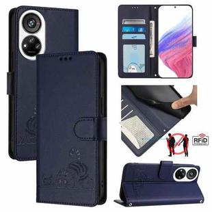 For ZTE Blade V40s Cat Rat Embossed Pattern RFID Leather Phone Case with Lanyard(Blue)