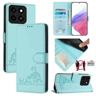 For ZTE Blade A35 / A55 Cat Rat Embossed Pattern RFID Leather Phone Case with Lanyard(Mint Green)