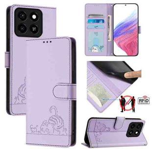 For ZTE Blade A35 / A55 Cat Rat Embossed Pattern RFID Leather Phone Case with Lanyard(Purple)