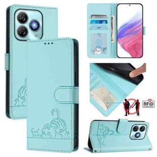 For ZTE Blade A75 4G Cat Rat Embossed Pattern RFID Leather Phone Case with Lanyard(Mint Green)