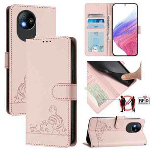 For ZTE Blade A35 Lite Cat Rat Embossed Pattern RFID Leather Phone Case with Lanyard(Pink)