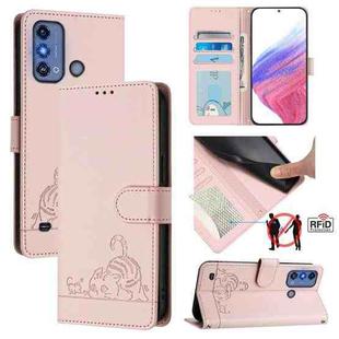 For ZTE Blade A53 Pro Cat Rat Embossed Pattern RFID Leather Phone Case with Lanyard(Pink)