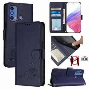 For ZTE Blade A53 Pro Cat Rat Embossed Pattern RFID Leather Phone Case with Lanyard(Blue)