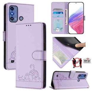 For ZTE Blade A53 Pro Cat Rat Embossed Pattern RFID Leather Phone Case with Lanyard(Purple)