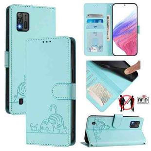 For ZTE Blade A52 Lite Cat Rat Embossed Pattern RFID Leather Phone Case with Lanyard(Mint Green)