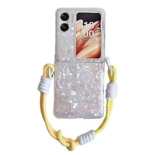 For OPPO Find N2 Flip Pearlescent Shell Texture Side Buckle Phone Case with Rainbow Bracelet(White)