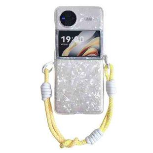 For vivo X Flip Pearlescent Shell Texture Side Buckle Phone Case with Rainbow Bracelet(White)