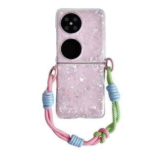 For Huawei P50 Pocket Pearlescent Shell Texture Side Buckle Phone Case with Rainbow Bracelet(Pink)