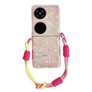 For Huawei Pocket 2 Pearlescent Shell Texture Side Buckle Phone Case with Rainbow Bracelet(Pink Green)