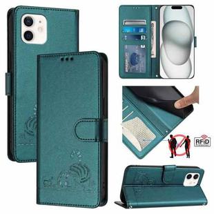For iPhone 11 Cat Rat Embossed Pattern RFID PU Phone Case with Wrist Strap(Peacock Green)