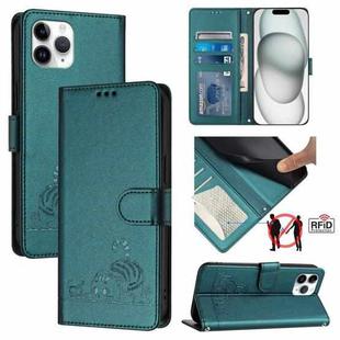 For iPhone 11 Pro Cat Rat Embossed Pattern RFID PU Phone Case with Wrist Strap(Peacock Green)