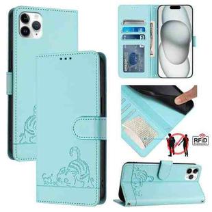 For iPhone 11 Pro Max Cat Rat Embossed Pattern RFID PU Phone Case with Wrist Strap(Mint Green)