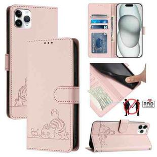 For iPhone 11 Pro Max Cat Rat Embossed Pattern RFID PU Phone Case with Wrist Strap(Pink)