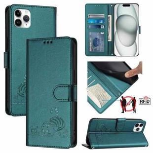 For iPhone 11 Pro Max Cat Rat Embossed Pattern RFID PU Phone Case with Wrist Strap(Peacock Green)