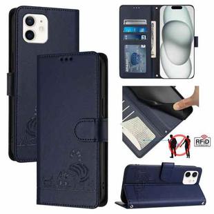 For iPhone 12 mini Cat Rat Embossed Pattern RFID PU Phone Case with Wrist Strap(Blue)