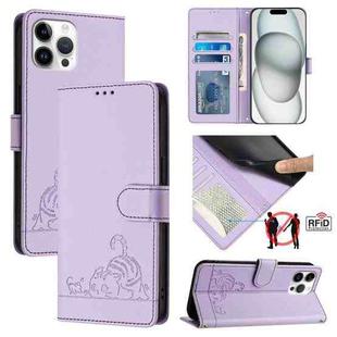 For iPhone 12 Pro Max Cat Rat Embossed Pattern RFID PU Phone Case with Wrist Strap(Purple)