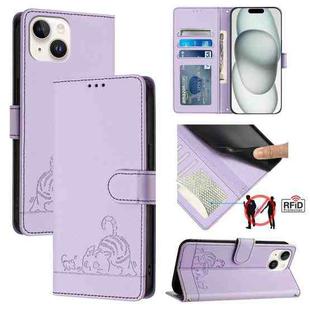 For iPhone 13 mini Cat Rat Embossed Pattern RFID PU Phone Case with Wrist Strap(Purple)