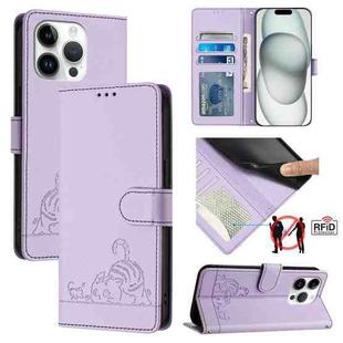 For iPhone 13 Pro Cat Rat Embossed Pattern RFID PU Phone Case with Wrist Strap(Purple)