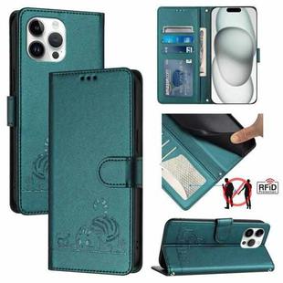 For iPhone 13 Pro Max Cat Rat Embossed Pattern RFID PU Phone Case with Wrist Strap(Peacock Green)