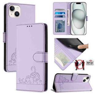 For iPhone 14 Plus Cat Rat Embossed Pattern RFID PU Phone Case with Wrist Strap(Purple)