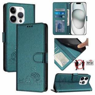 For iPhone 14 Pro Cat Rat Embossed Pattern RFID PU Phone Case with Wrist Strap(Peacock Green)