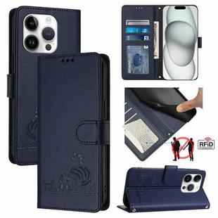 For iPhone 14 Pro Cat Rat Embossed Pattern RFID PU Phone Case with Wrist Strap(Blue)