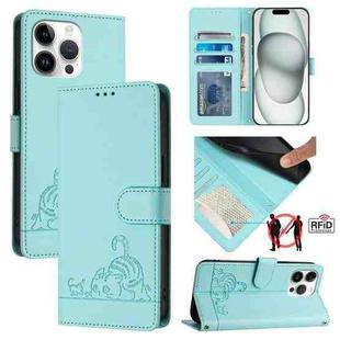 For iPhone 14 Pro Max Cat Rat Embossed Pattern RFID PU Phone Case with Wrist Strap(Mint Green)