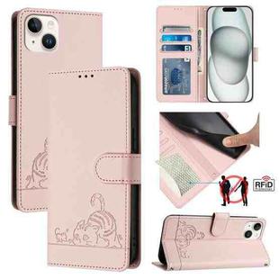 For iPhone 15 Plus Cat Rat Embossed Pattern RFID PU Phone Case with Wrist Strap(Pink)