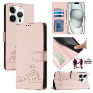 For iPhone 15 Pro Cat Rat Embossed Pattern RFID PU Phone Case with Wrist Strap(Pink)