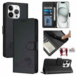 For iPhone 15 Pro Cat Rat Embossed Pattern RFID PU Phone Case with Wrist Strap(Black)