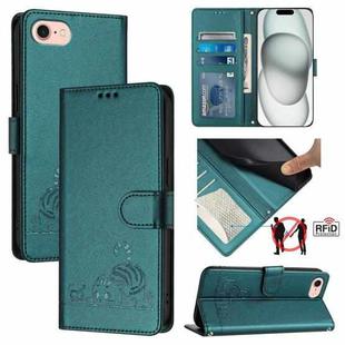 For iPhone SE Cat Rat Embossed Pattern RFID PU Phone Case with Wrist Strap(Peacock Green)