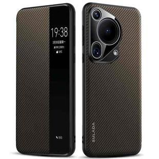 For Huawei Pura 70 Ultra SULADA Kevlar 600D Texture Smart Window Leather Phone Case(Brown)