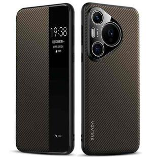 For Huawei Pura 70 SULADA Kevlar 600D Texture Smart Window Leather Phone Case(Brown)