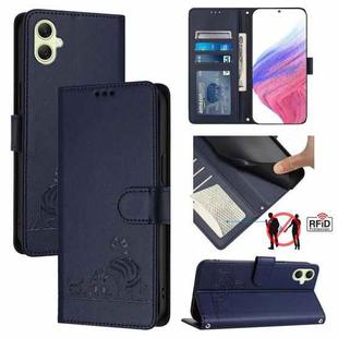 For Samsung Galaxy A05 4G Global Cat Rat Embossed Pattern RFID PU Phone Case with Wrist Strap(Blue)