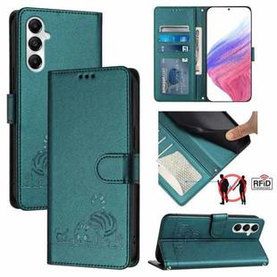 For Samsung Galaxy A05S 4G Global Cat Rat Embossed Pattern RFID PU Phone Case with Wrist Strap(Peacock Green)
