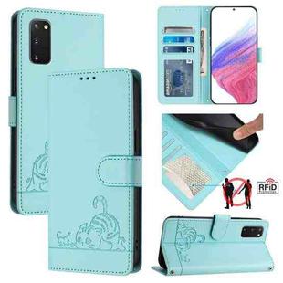 For Samsung Galaxy S20 FE 2022 Cat Rat Embossed Pattern RFID PU Phone Case with Wrist Strap(Mint Green)