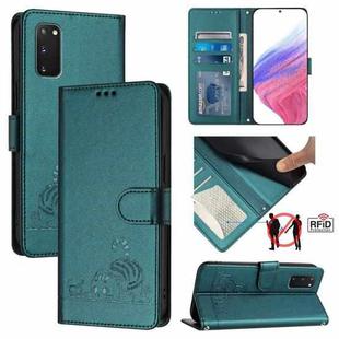 For Samsung Galaxy S20 FE 4G Cat Rat Embossed Pattern RFID PU Phone Case with Wrist Strap(Peacock Green)