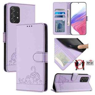 For Samsung Galaxy A52S 5G Cat Rat Embossed Pattern RFID PU Phone Case with Wrist Strap(Purple)