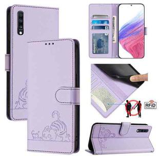 For Samsung Galaxy A70S Cat Rat Embossed Pattern RFID PU Phone Case with Wrist Strap(Purple)