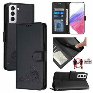 For Samsung Galax S21+ Cat Rat Embossed Pattern RFID PU Phone Case with Wrist Strap(Black)