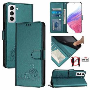 For Samsung Galax S21+ Cat Rat Embossed Pattern RFID PU Phone Case with Wrist Strap(Peacock Green)