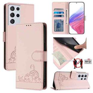For Samsung Galax S21 Ultra Cat Rat Embossed Pattern RFID PU Phone Case with Wrist Strap(Pink)
